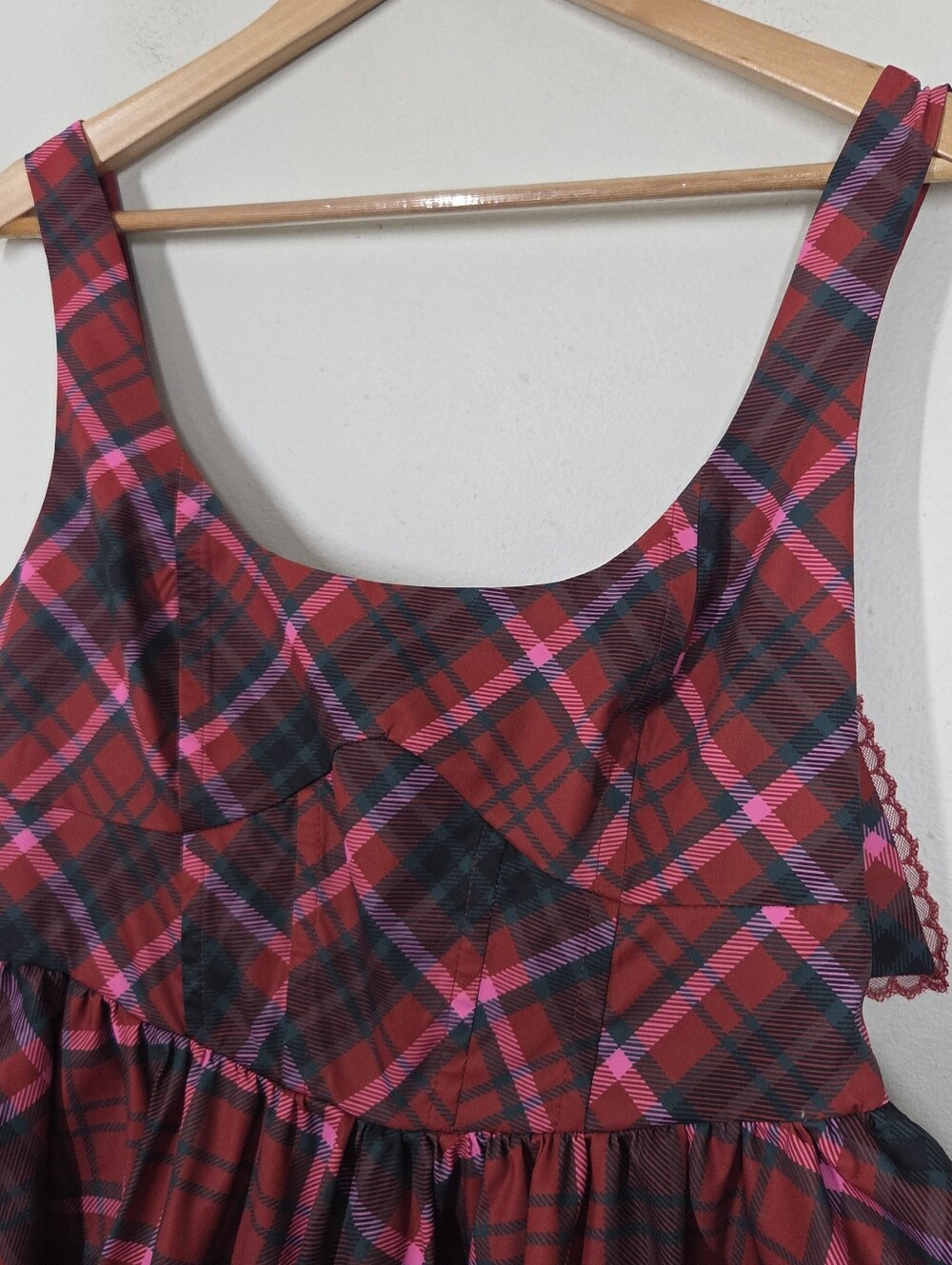 Altar'd State Red Pink Tartan Plaid Bow Babydoll Mini Dress Holiday Preppy Punk - Picture 2 of 9